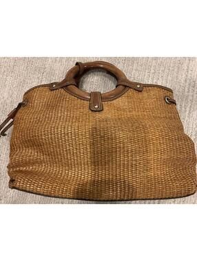 Brown Woven Handbag with Wooden Handles